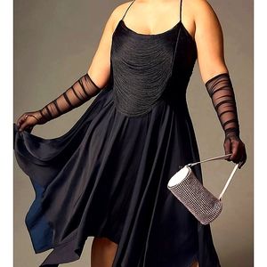 Anthropologie Fringe Bodice Black Coctail Midi Dress sleeveless Small size 2